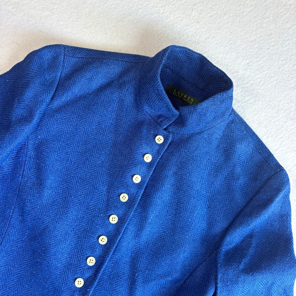 NWT Lauren Ralph Lauren Capri-F Blue Linen Button Front Lined Collared Jacket 8